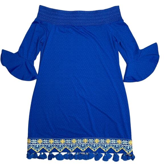 Cabana Life Royal Blues Embroidered Pom-Pom Off-The-Shoulder Dress Size Medium - Picture 3 of 13